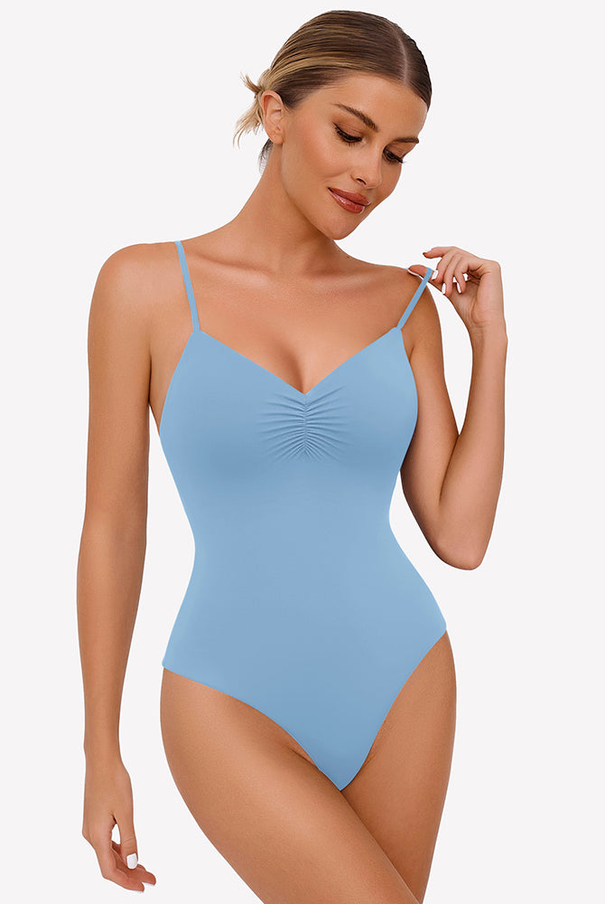 Light blue ruched V-neck thong bodysuit with adjustable straps. Perfect for any occasion.