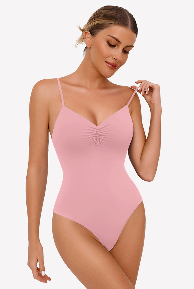 Light pink ruched V-neck thong bodysuit with adjustable straps. Sexy lingerie.