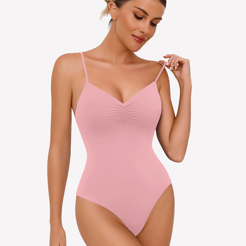 Light pink ruched V-neck thong bodysuit with adjustable straps. Sexy lingerie.