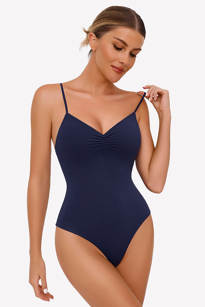 Navy blue ruched V-neck thong bodysuit with adjustable straps. Sexy lingerie for women.