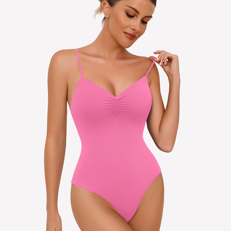 Pink ruched V-neck thong bodysuit with adjustable straps. Sexy lingerie for women.