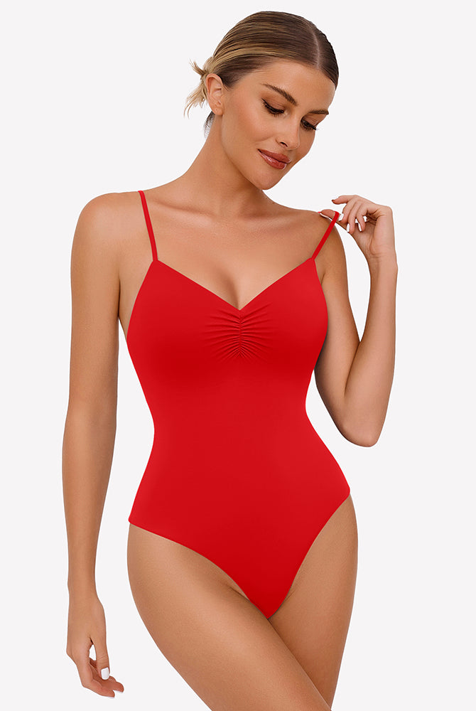 Red ruched V-neck thong bodysuit with adjustable straps. Sexy lingerie for women.