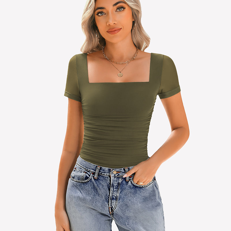 Sheer Mesh Short Sleeve Ruched Tops