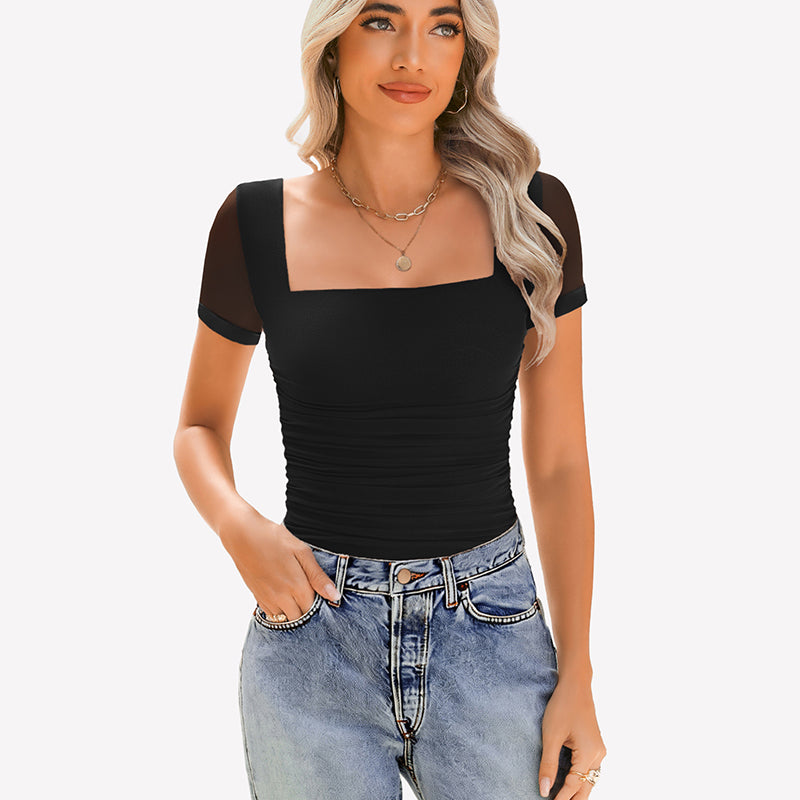 Sheer Mesh Short Sleeve Ruched Tops