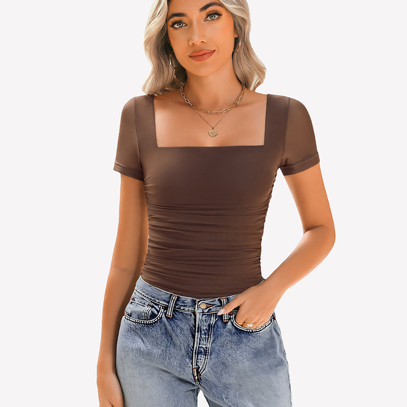 Sheer Mesh Short Sleeve Ruched Tops