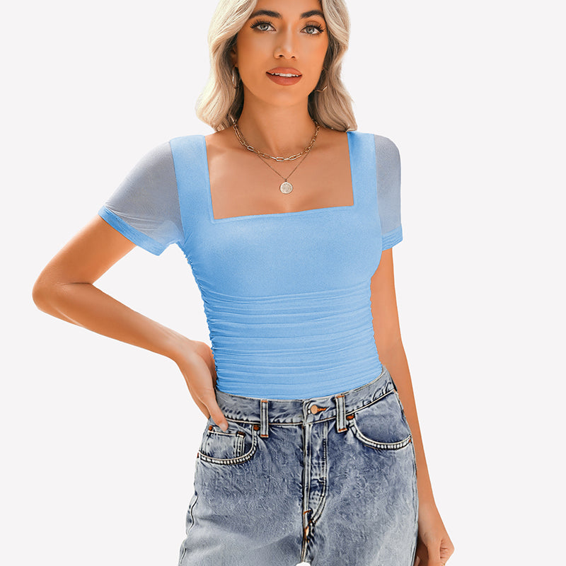 Sheer Mesh Short Sleeve Ruched Tops