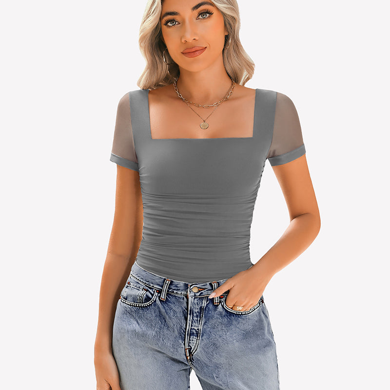 Sheer Mesh Short Sleeve Ruched Tops