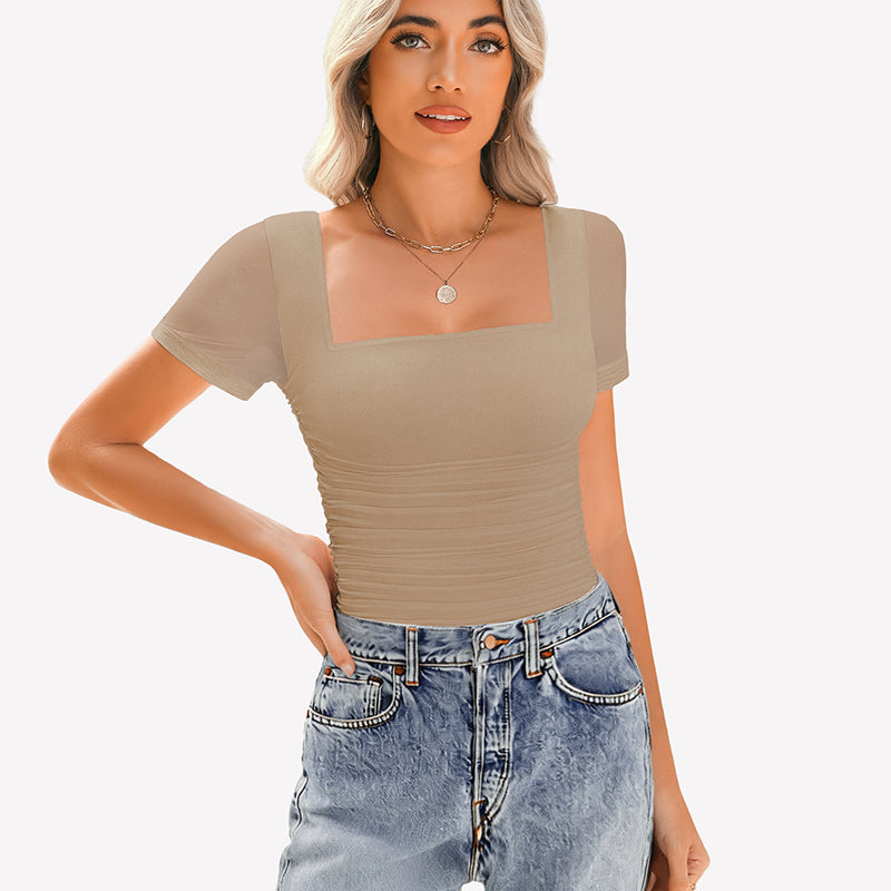 Sheer Mesh Short Sleeve Ruched Tops