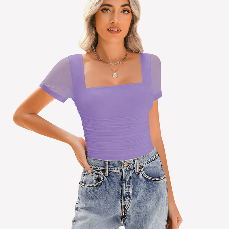 Sheer Mesh Short Sleeve Ruched Tops