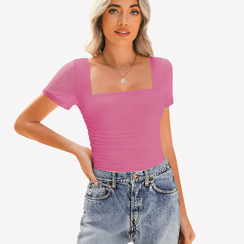 Sheer Mesh Short Sleeve Ruched Tops