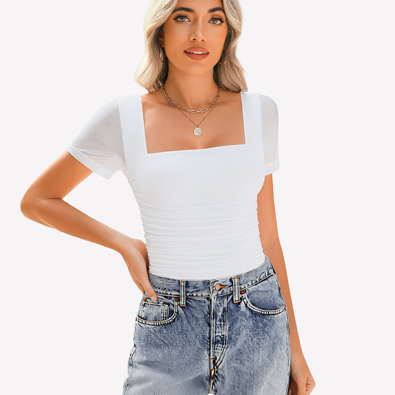 Sheer Mesh Short Sleeve Ruched Tops
