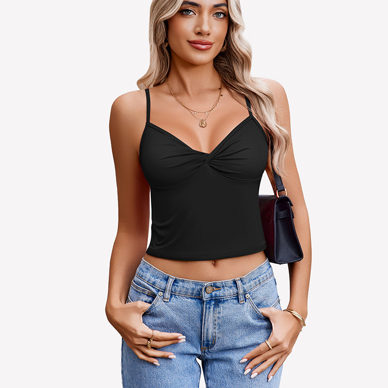 Black twist front V neck crop top with spaghetti straps. Stylish summer top for women