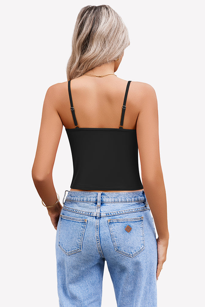 Black spaghetti strap crop top, back view. Summer tank top for women, comfortable and stylish.
