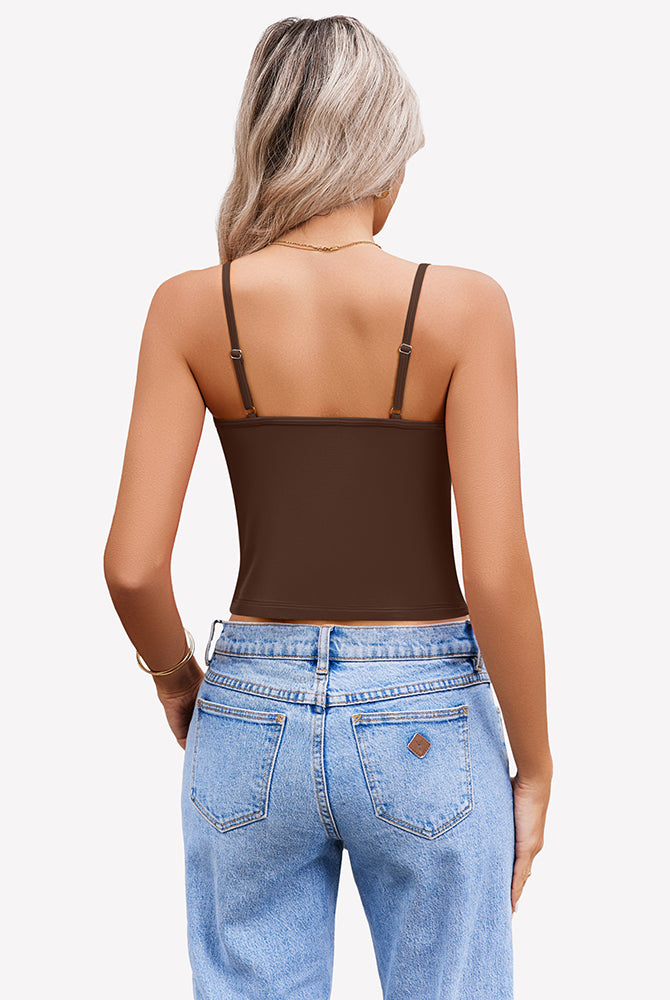Brown spaghetti strap crop top with adjustable straps. Summer tank top for women, paired with jeans.