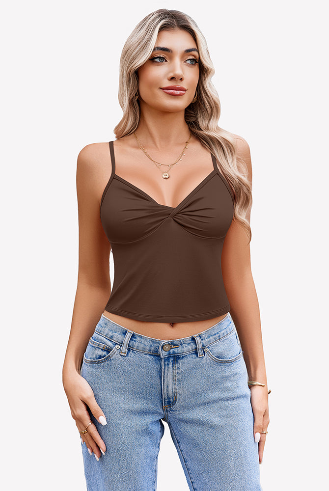 Brown twist front V neck crop top with spaghetti straps. Summer tank top for women.