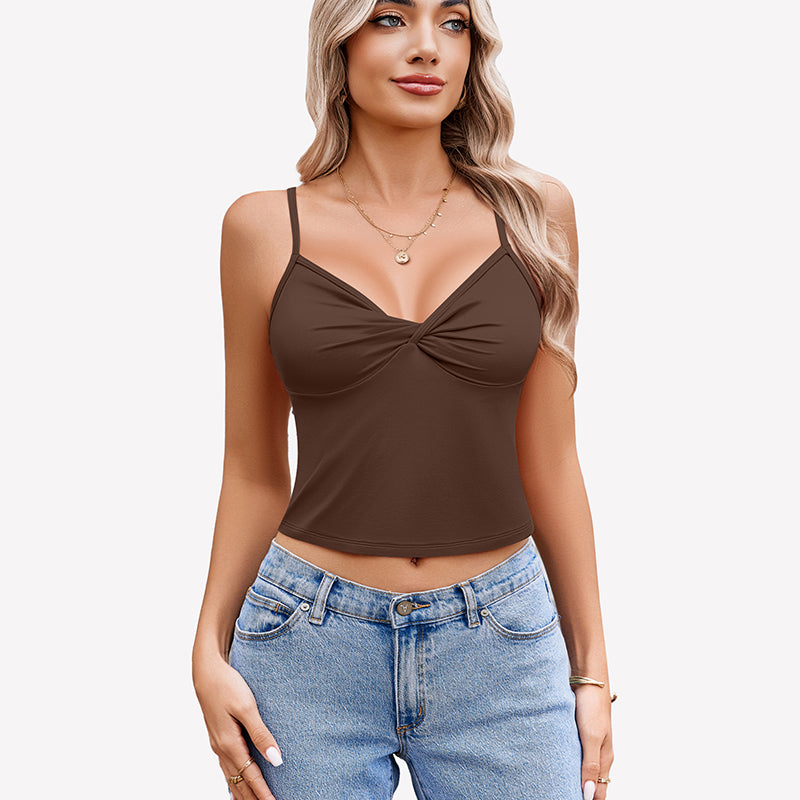 Brown twist front V neck crop top with spaghetti straps. Summer tank top for women.