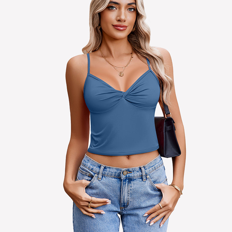 Blue twist front V neck crop top with spaghetti straps. Summer tank top for women.