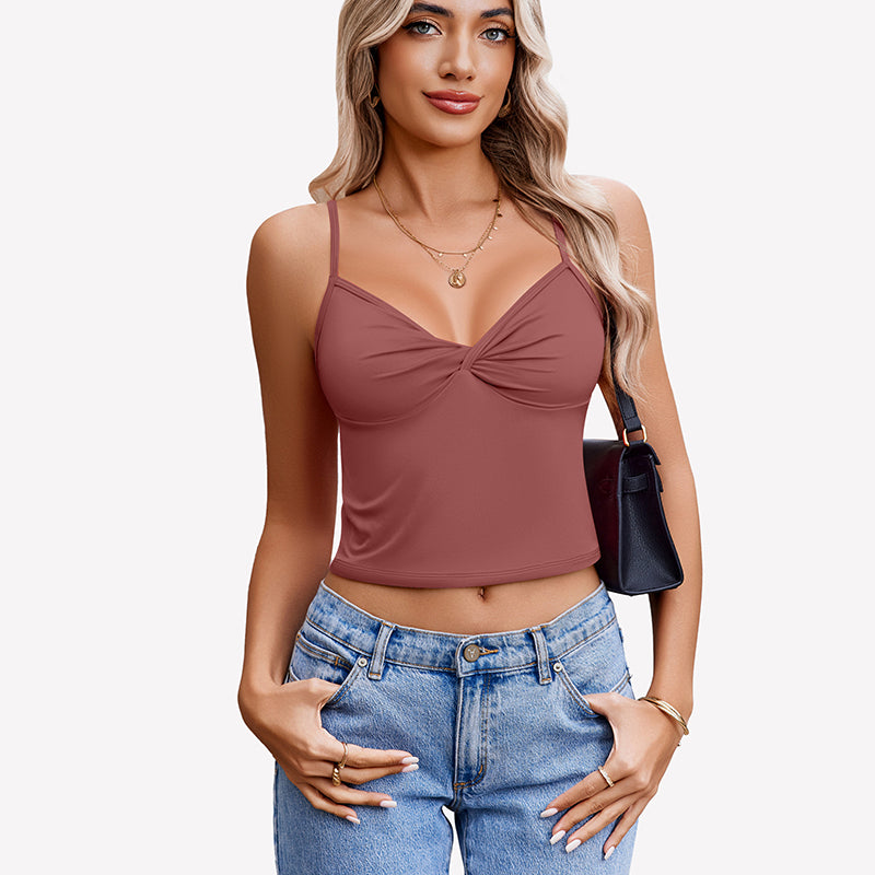 Mauve twist front V neck crop top, spaghetti straps. Stylish summer top with jeans.