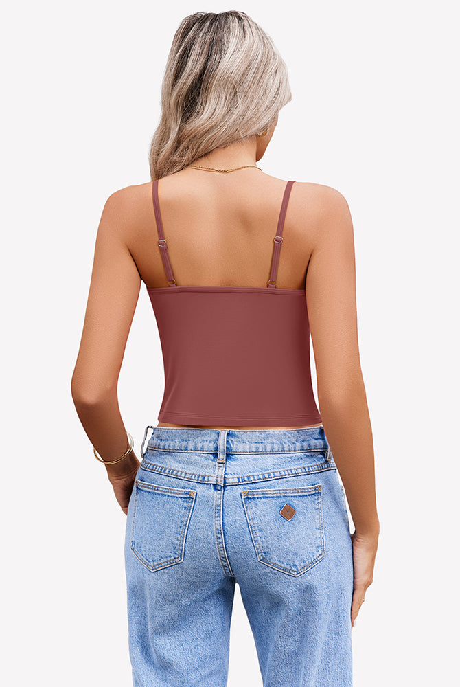 Mauve spaghetti strap crop top with adjustable straps for women, paired with jeans. Summer tank top.