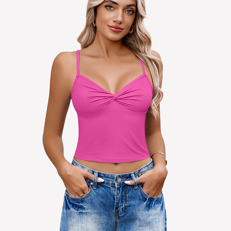 Pink twist front V neck crop top with spaghetti straps. Stylish summer tank top for women