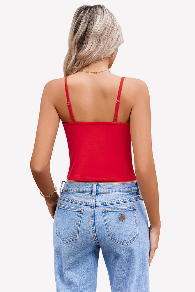 Red spaghetti strap crop top for women, paired with light blue jeans. Summer tank top.