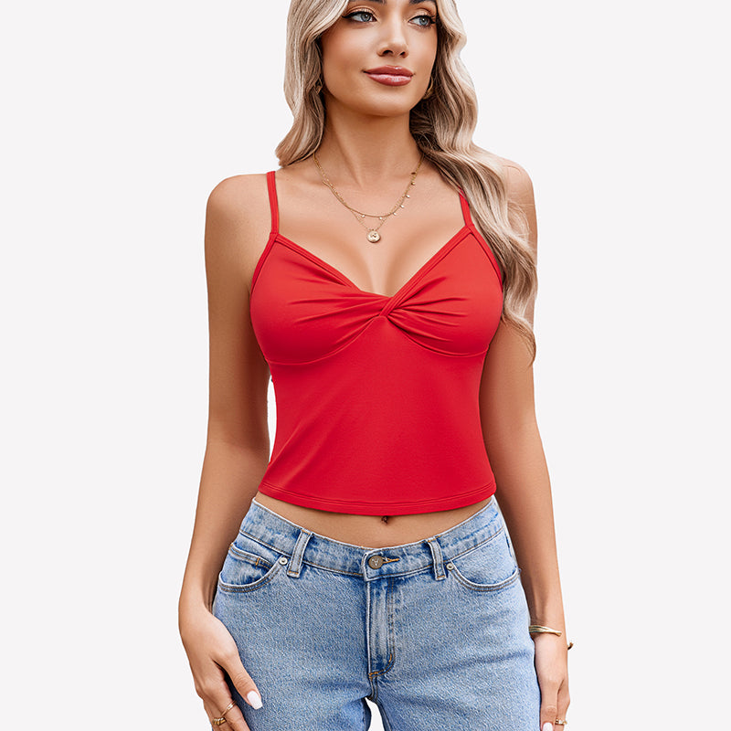 Red twist front V neck crop top with spaghetti straps and jeans. Summer top.