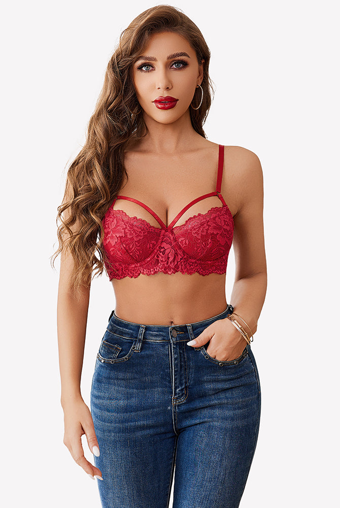 Red lace V-neck bra with adjustable straps and crossband design. Stylish lingerie for everyday wear.