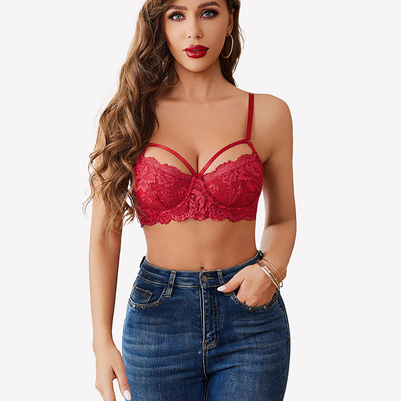 Red lace V-neck bra with adjustable straps and crossband design. Stylish lingerie for everyday wear.