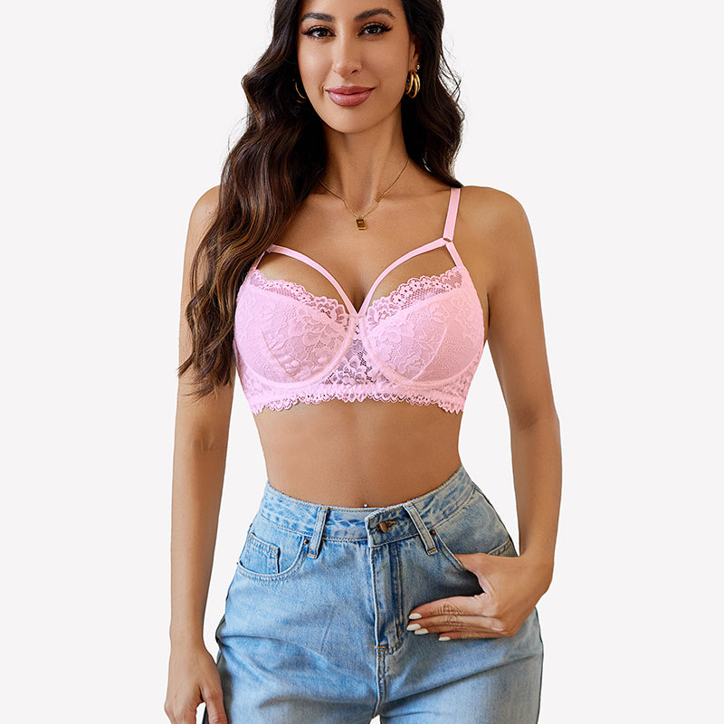 Pink lace V-neck bra with adjustable straps and crossband, stylish lingerie for everyday wear.
