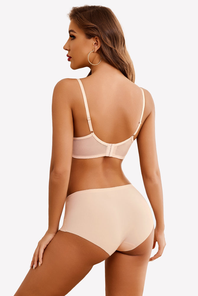 Nude demi push-up bra and boy short lingerie set, adjustable straps, for A-C cups