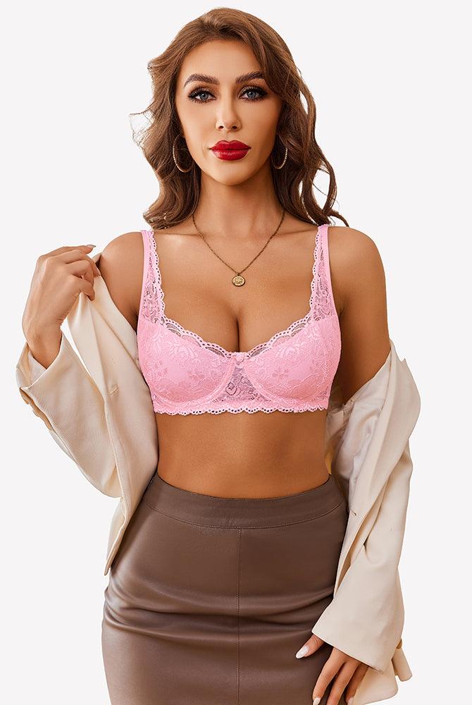 Pink lace demi push-up bra with floral design, adjustable straps, for A-C cups