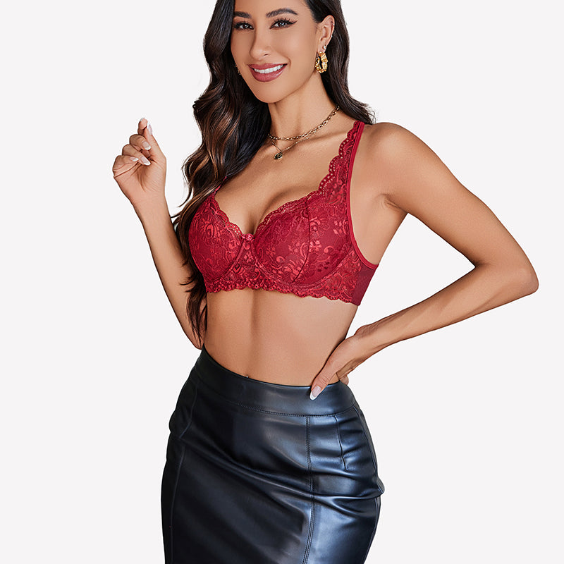 Burgundy lace demi push-up bra, floral design, black skirt, adjustable straps, A-C cups