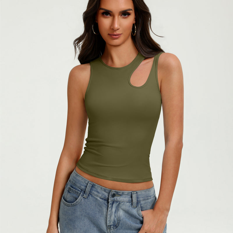 Army green fitted crop tank top with oval chest cutout and sleeveless crew neck