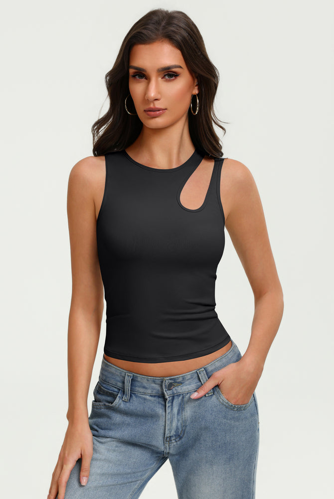 Black fitted crop tank top with sleeveless design and oval chest cutout