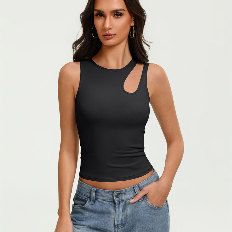 Black fitted crop tank top with sleeveless design and oval chest cutout