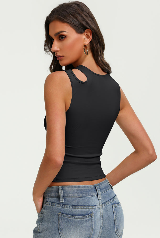 Black fitted crop tank top with oval chest cutout and sleeveless crew neck