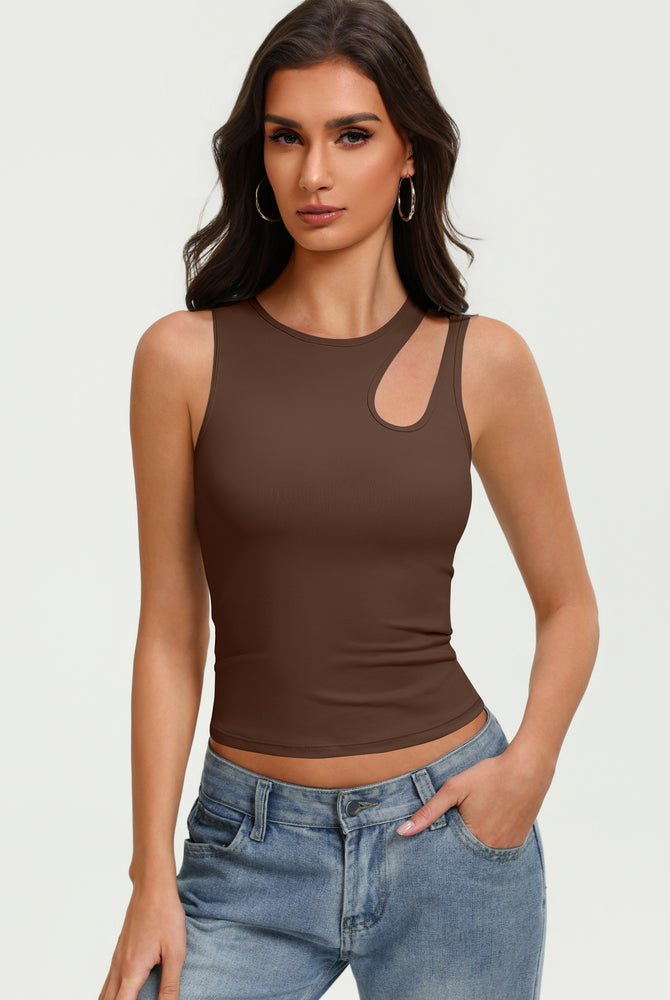 Brown fitted crop tank top with sleeveless cutout at chest and crew neckline