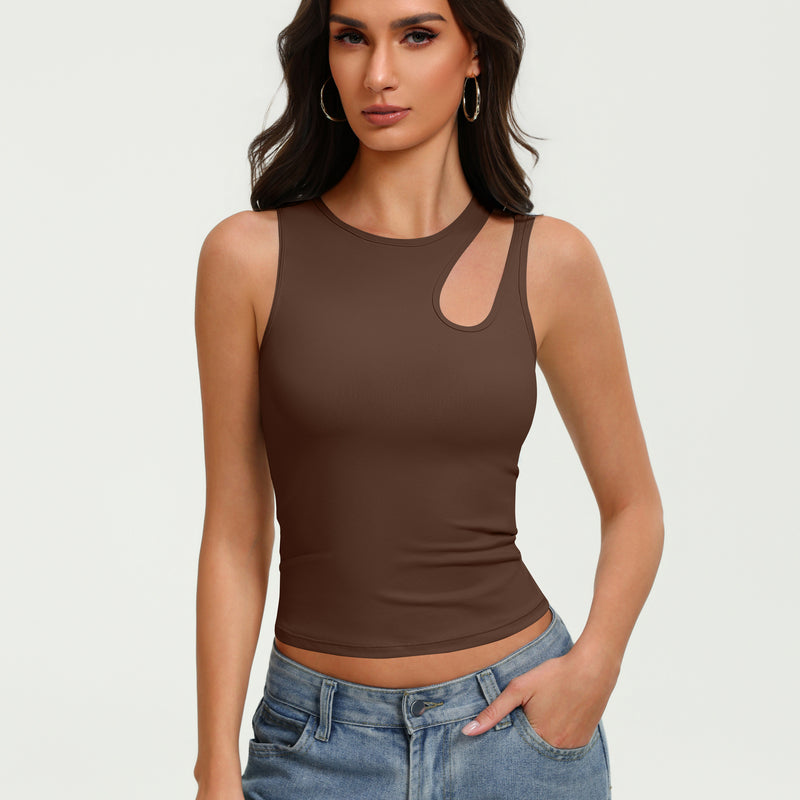 Brown fitted crop tank top with sleeveless cutout at chest and crew neckline