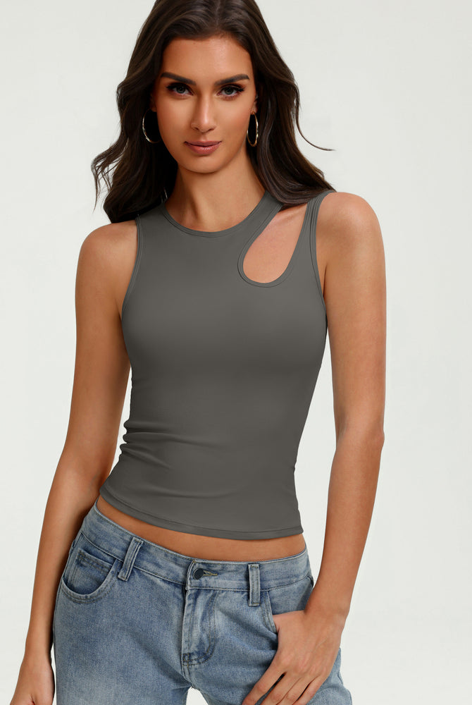 Deep grey fitted crop tank top with oval chest cutout and sleeveless crew neck