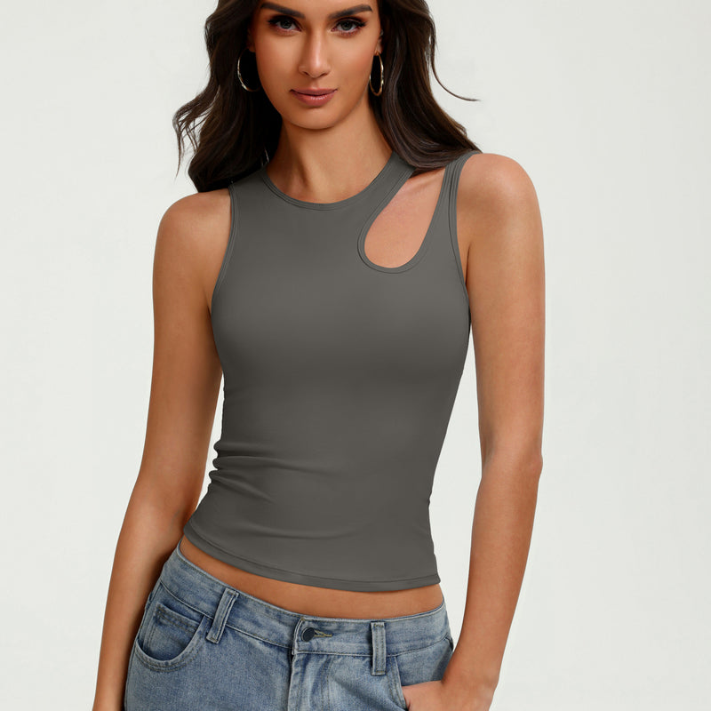 Deep grey fitted crop tank top with oval chest cutout and sleeveless crew neck