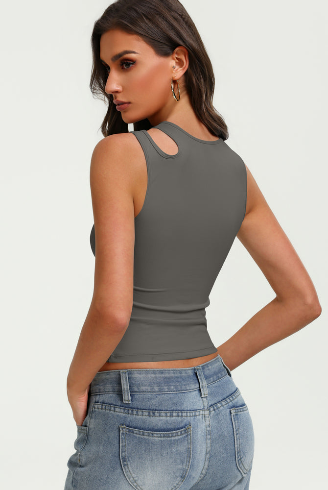 Fitted hollow-out crop tank top in dark gray with round neck and chest cutout
