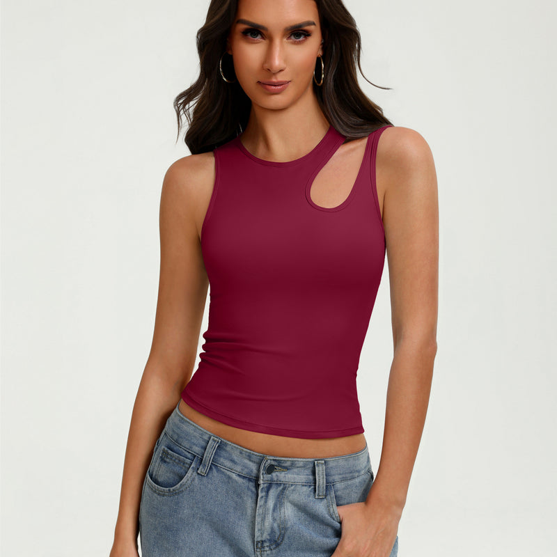 Fitted hollow-out crop tank top in burgundy with round neck and chest cutout