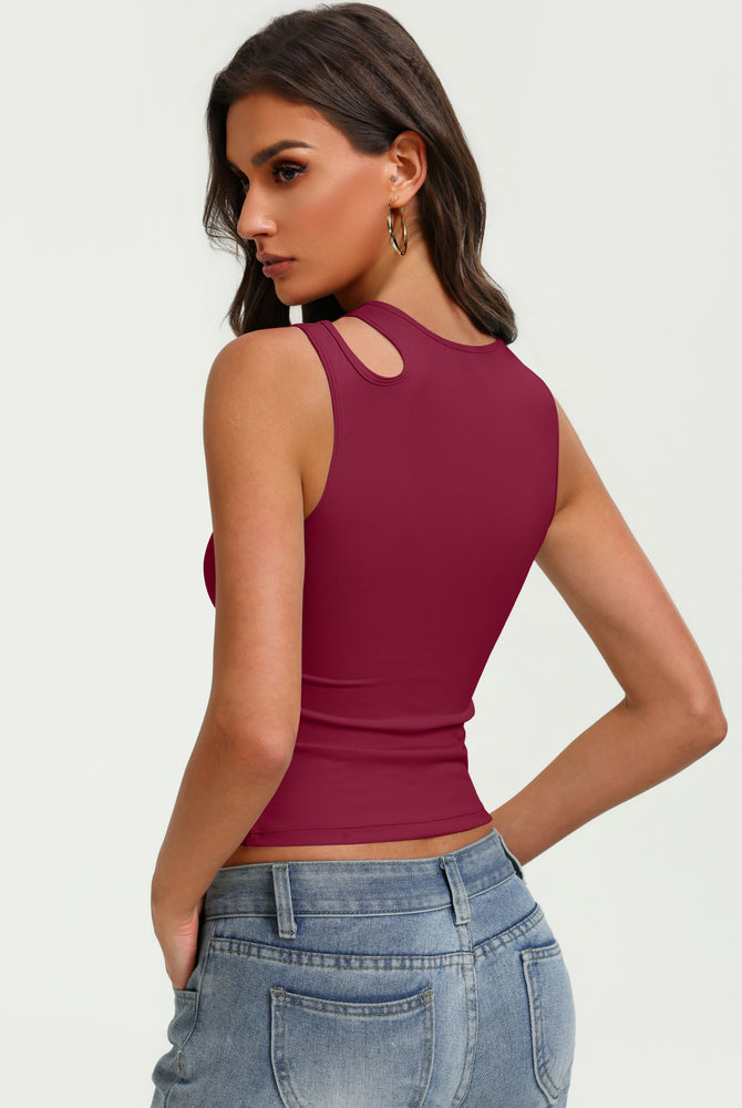 Fitted hollow-out crop tank top with oval cutout back, burgundy