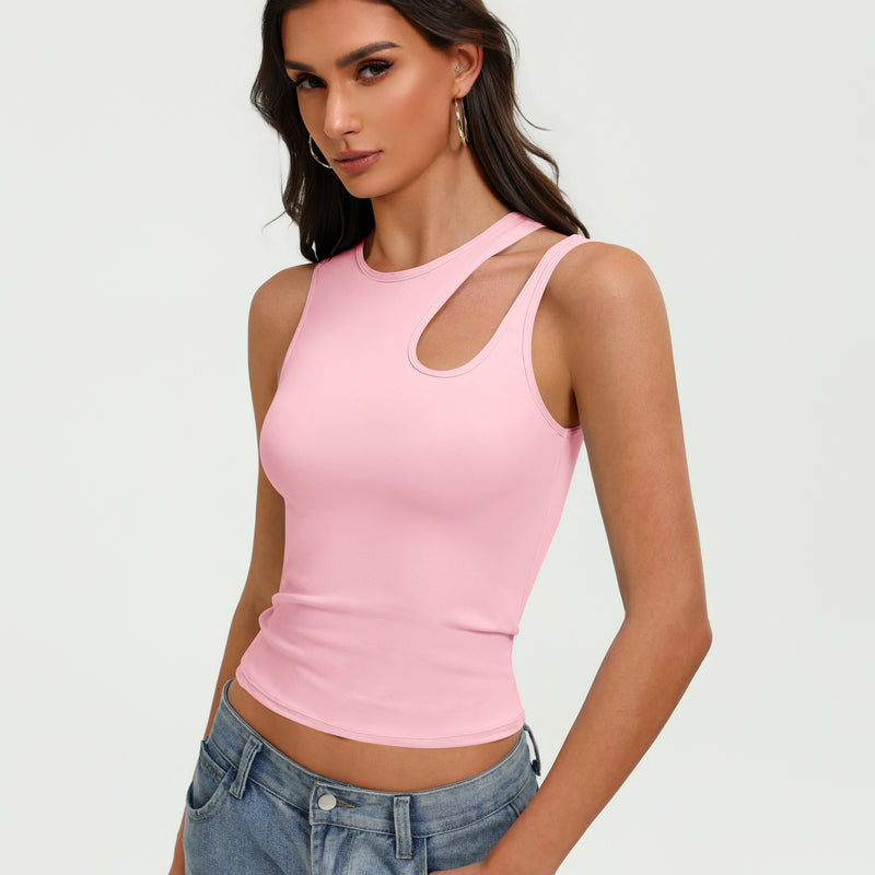 Pink fitted crop tank top with oval chest cutout and sleeveless crew neckline