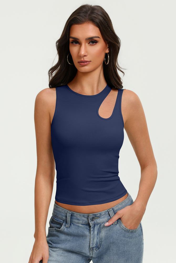 Navy blue fitted crop tank top with oval chest cutout and sleeveless crew neck