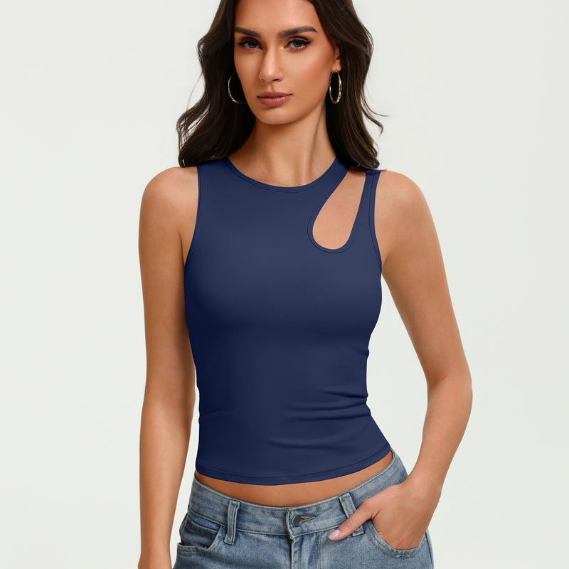 Navy blue fitted crop tank top with oval chest cutout and sleeveless crew neck