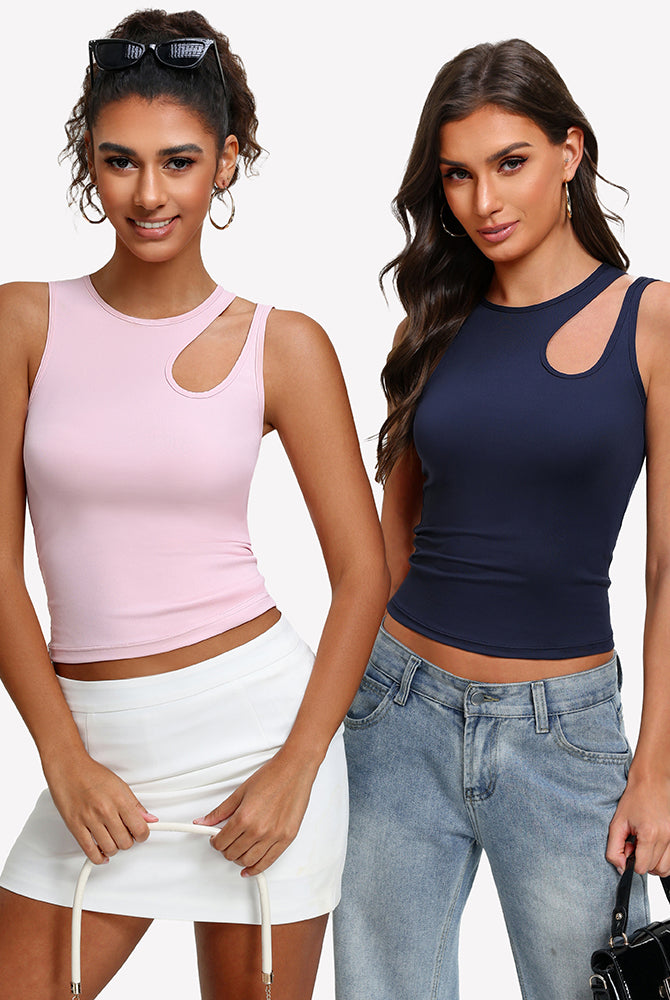 Two fitted hollow-out crop tank tops: light pink and navy, round neck, chest cutout