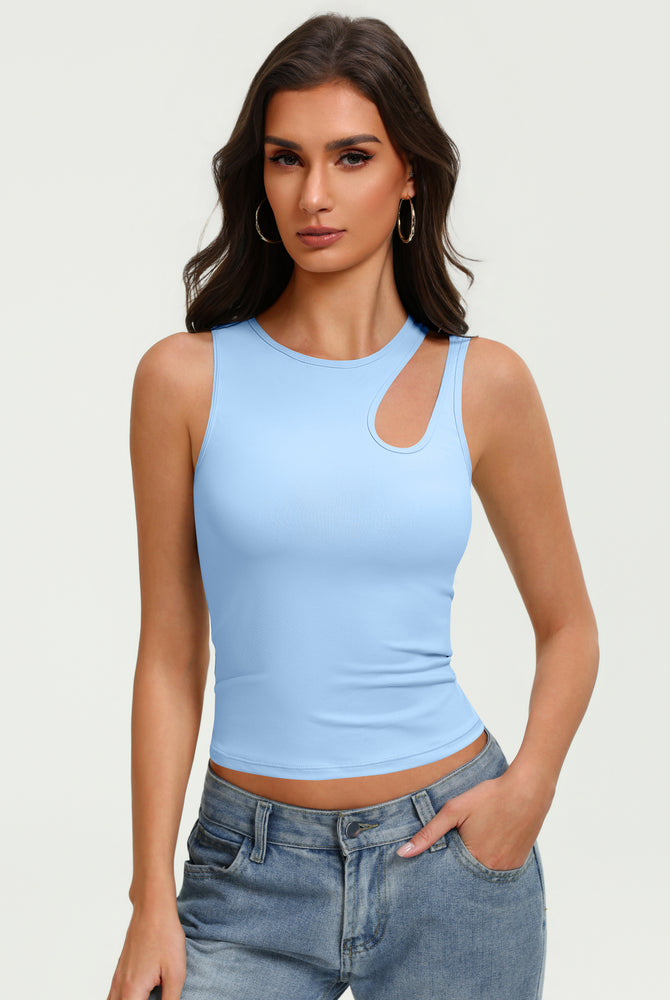 Light blue fitted crop tank top with oval chest cutout and sleeveless crew neck