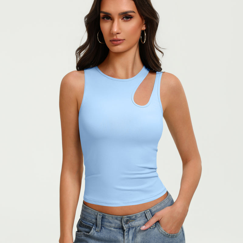 Light blue fitted crop tank top with oval chest cutout and sleeveless crew neck