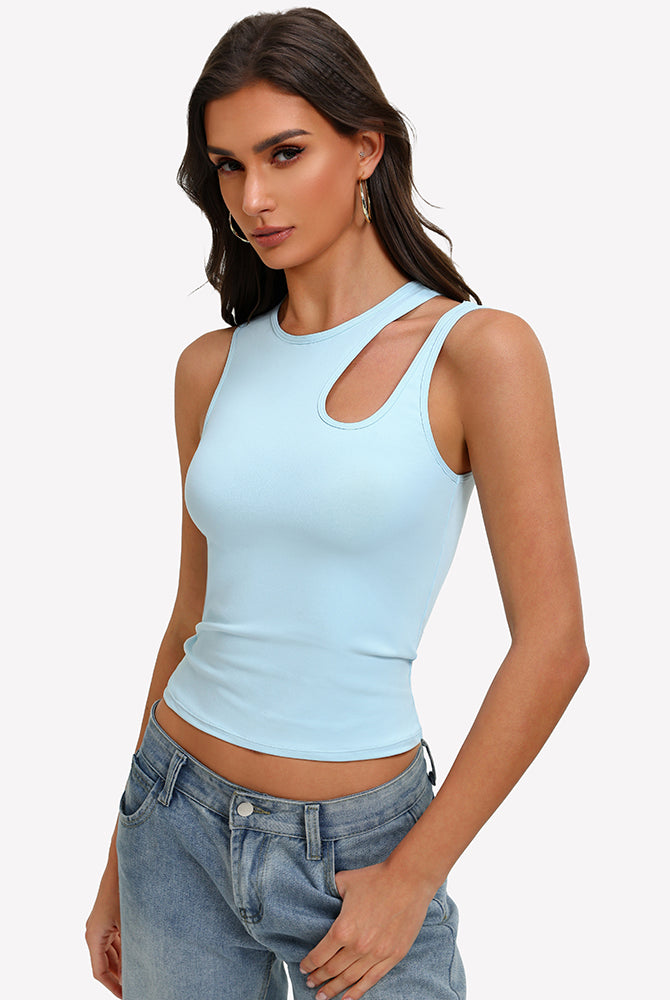 Fitted hollow-out crop tank top in light blue with round neck and chest cutout, angled